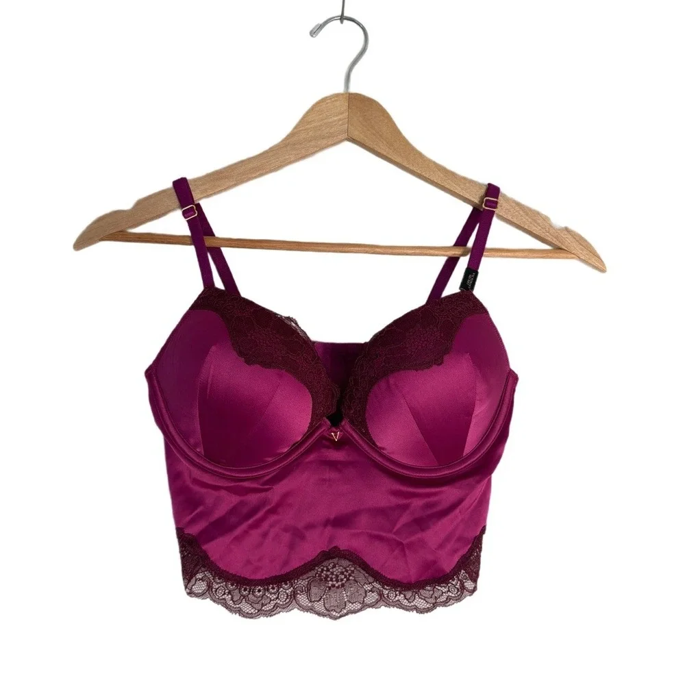 NWT Victoria's Secret Bombshell Plunge 34B Magenta Pink Lace Satin Corset Top